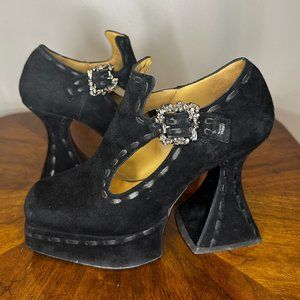 John Fluevog Vintage Platform Heel Munster T-Strap Heel with Silver Buckle